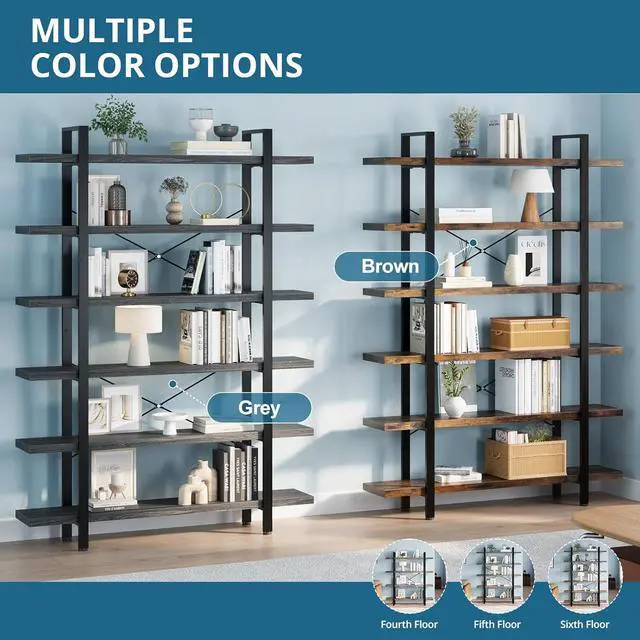 Alt view image 5 of 7 - Heavy Duty 6 Tier Bookcase, 80-in Tall Industrial Modern Large Bookshelf, Wood Farmhouse Bookcases Book Shelves and Metal Frame for Office, Bedroom, Living Room, Grey