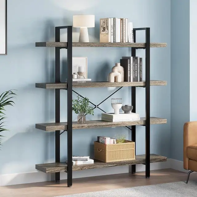 Main image of Heavy Duty 4 Tier Bookcase, 55-in Tall Industrial Modern Large Bookshelf, Wood Farmhouse Bookcases Book Shelves and Metal Frame for Office, Bedroom, Living Room, Grey