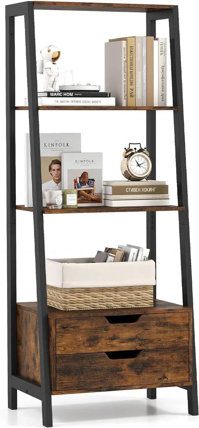 Main image of 4-Tier Ladder Shelf with 2 Drawers, 52.5" Tall Freestanding Bookcase with Sturdy Metal Frame, Shelving Unit Display Rack with Storage for Living Room, Home Office (1,Rustic Brown)