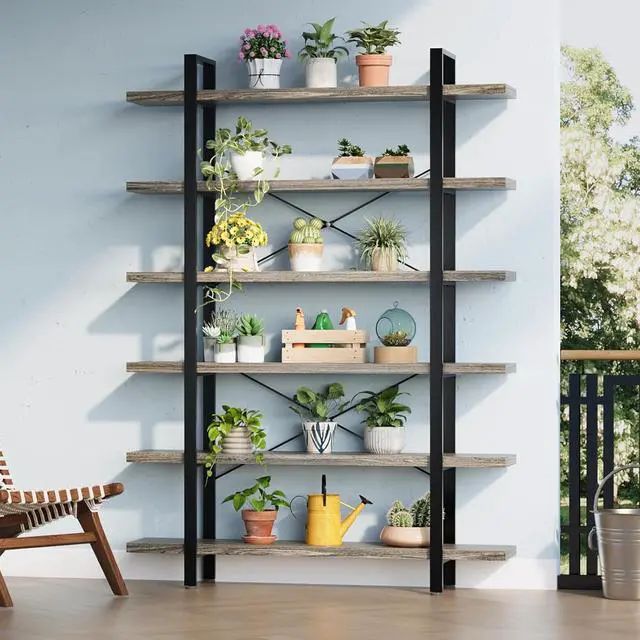 Alt view image 7 of 7 - Heavy Duty 6 Tier Bookcase, 80-in Tall Industrial Modern Large Bookshelf, Wood Farmhouse Bookcases Book Shelves and Metal Frame for Office, Bedroom, Living Room, Grey