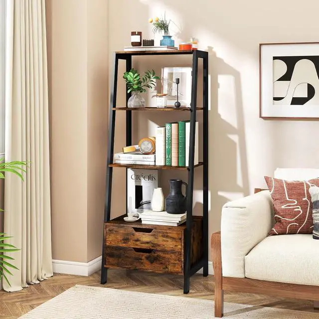 Alt view image 2 of 7 - 4-Tier Ladder Shelf with 2 Drawers, 52.5" Tall Freestanding Bookcase with Sturdy Metal Frame, Shelving Unit Display Rack with Storage for Living Room, Home Office (1,Rustic Brown)