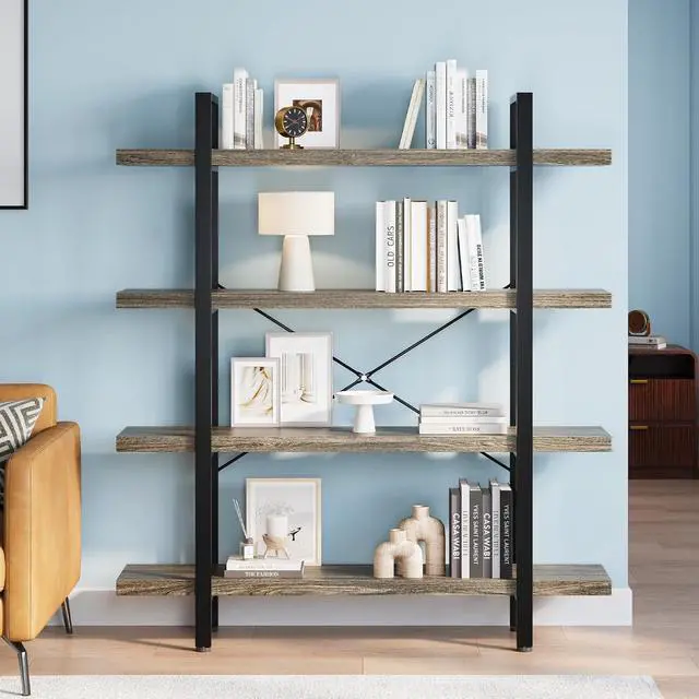 Alt view image 6 of 7 - Heavy Duty 4 Tier Bookcase, 55-in Tall Industrial Modern Large Bookshelf, Wood Farmhouse Bookcases Book Shelves and Metal Frame for Office, Bedroom, Living Room, Grey