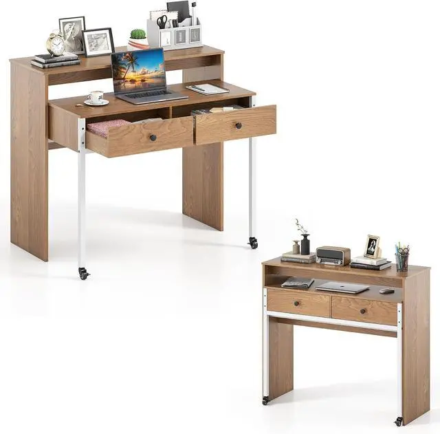Main image of Small Computer Desk with Hutch & Drawers, Extendable Writing Desk w/Pull Out Secondary Table, Monitor Stand & Rolling Wheels, Console Table, Compact Desk for Small Spaces (Natural)