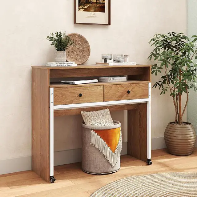Alt view image 2 of 7 - Small Computer Desk with Hutch & Drawers, Extendable Writing Desk w/Pull Out Secondary Table, Monitor Stand & Rolling Wheels, Console Table, Compact Desk for Small Spaces (Natural)