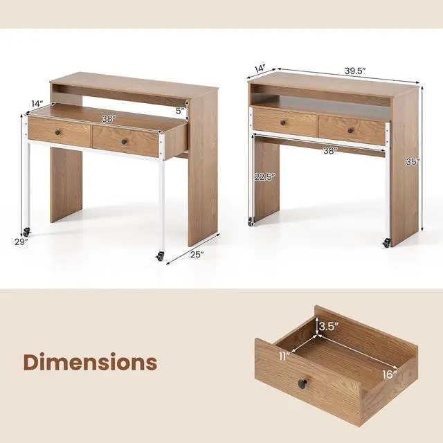 Alt view image 3 of 7 - Small Computer Desk with Hutch & Drawers, Extendable Writing Desk w/Pull Out Secondary Table, Monitor Stand & Rolling Wheels, Console Table, Compact Desk for Small Spaces (Natural)