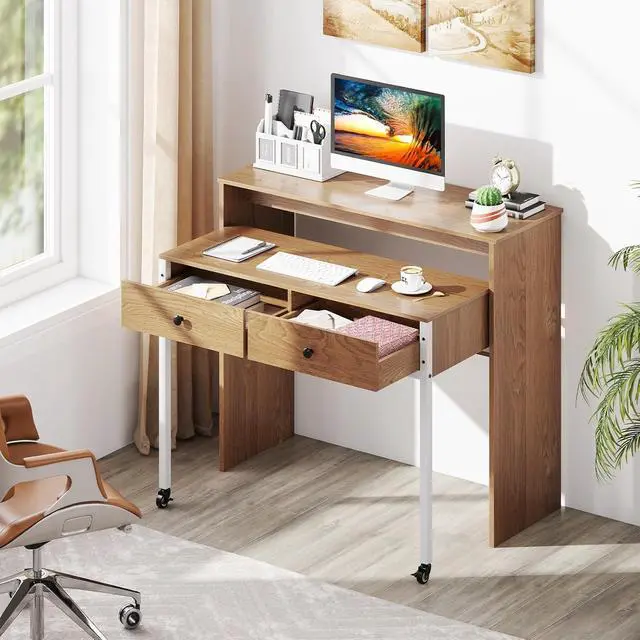 Alt view image 5 of 7 - Small Computer Desk with Hutch & Drawers, Extendable Writing Desk w/Pull Out Secondary Table, Monitor Stand & Rolling Wheels, Console Table, Compact Desk for Small Spaces (Natural)