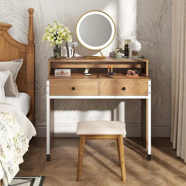 Alt view image 4 of 7 - Small Computer Desk with Hutch & Drawers, Extendable Writing Desk w/Pull Out Secondary Table, Monitor Stand & Rolling Wheels, Console Table, Compact Desk for Small Spaces (Natural)
