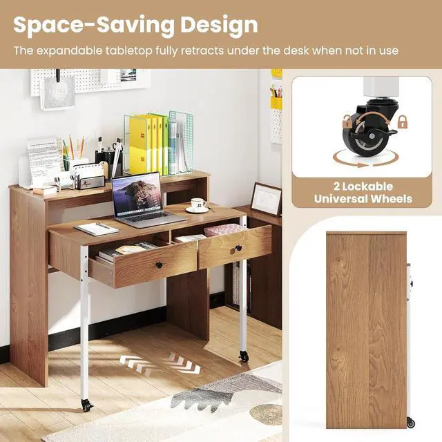 Alt view image 6 of 7 - Small Computer Desk with Hutch & Drawers, Extendable Writing Desk w/Pull Out Secondary Table, Monitor Stand & Rolling Wheels, Console Table, Compact Desk for Small Spaces (Natural)