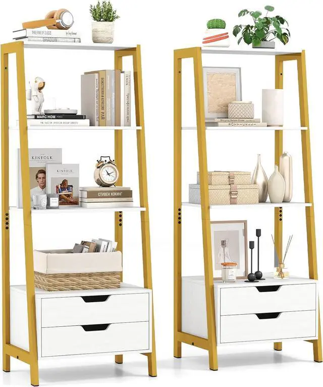Main image of 4-Tier Ladder Shelf with 2 Drawers, 52.5" Tall Freestanding Bookcase with Sturdy Metal Frame, Shelving Unit Display Rack with Storage for Living Room, Home Office (2,White+Gold)