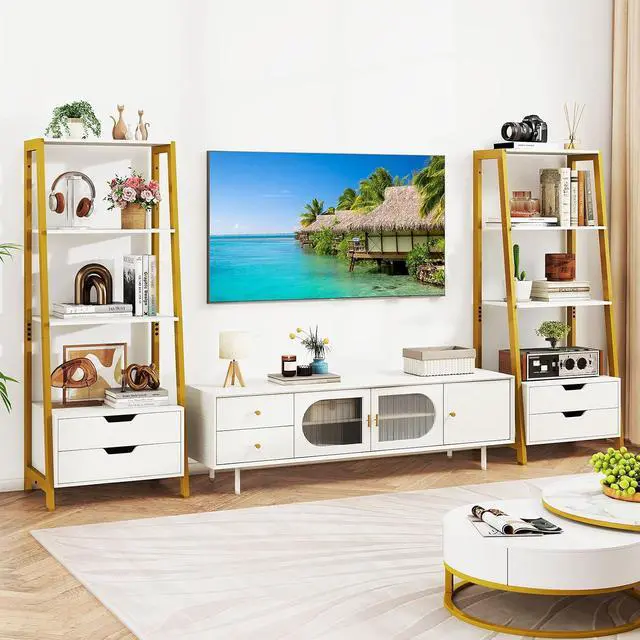 Alt view image 2 of 7 - 4-Tier Ladder Shelf with 2 Drawers, 52.5" Tall Freestanding Bookcase with Sturdy Metal Frame, Shelving Unit Display Rack with Storage for Living Room, Home Office (2,White+Gold)