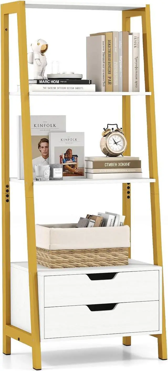 Main image of 4-Tier Ladder Shelf with 2 Drawers, 52.5" Tall Freestanding Bookcase with Sturdy Metal Frame, Shelving Unit Display Rack with Storage for Living Room, Home Office (1,White+Gold)