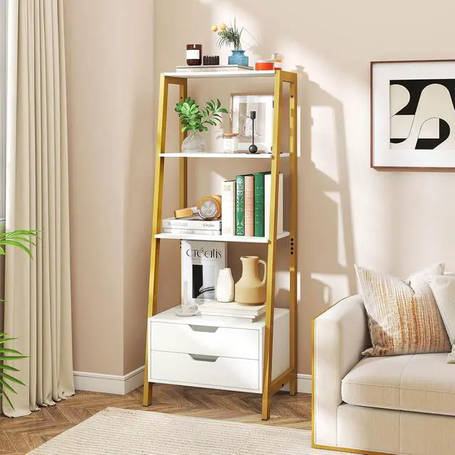 Alt view image 5 of 7 - 4-Tier Ladder Shelf with 2 Drawers, 52.5" Tall Freestanding Bookcase with Sturdy Metal Frame, Shelving Unit Display Rack with Storage for Living Room, Home Office (1,White+Gold)