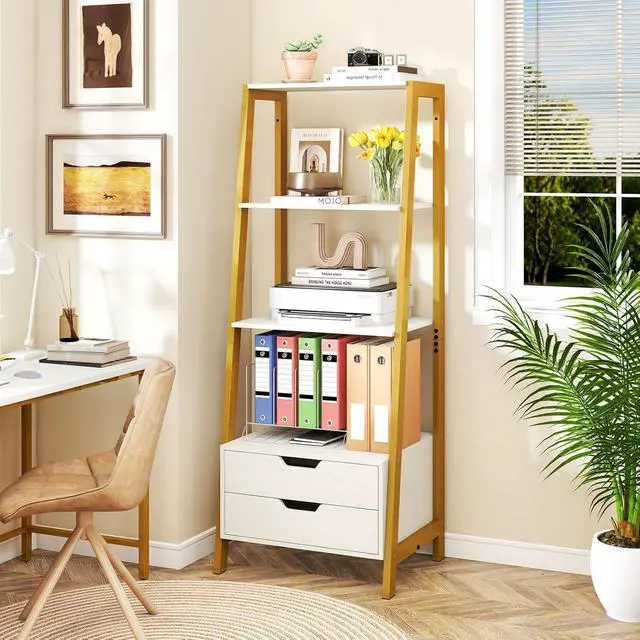 Alt view image 2 of 7 - 4-Tier Ladder Shelf with 2 Drawers, 52.5" Tall Freestanding Bookcase with Sturdy Metal Frame, Shelving Unit Display Rack with Storage for Living Room, Home Office (1,White+Gold)