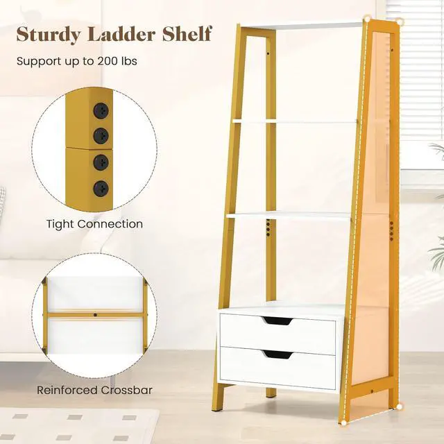 Alt view image 6 of 7 - 4-Tier Ladder Shelf with 2 Drawers, 52.5" Tall Freestanding Bookcase with Sturdy Metal Frame, Shelving Unit Display Rack with Storage for Living Room, Home Office (1,White+Gold)