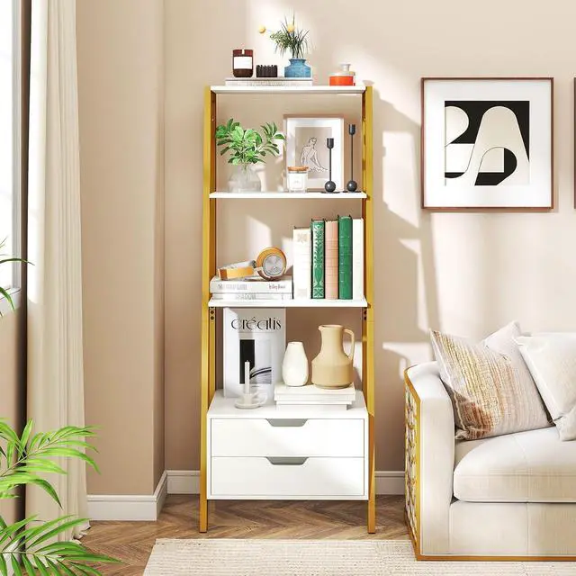 Alt view image 4 of 7 - 4-Tier Ladder Shelf with 2 Drawers, 52.5" Tall Freestanding Bookcase with Sturdy Metal Frame, Shelving Unit Display Rack with Storage for Living Room, Home Office (1,White+Gold)