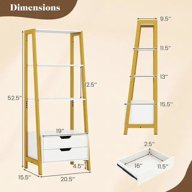 Alt view image 3 of 7 - 4-Tier Ladder Shelf with 2 Drawers, 52.5" Tall Freestanding Bookcase with Sturdy Metal Frame, Shelving Unit Display Rack with Storage for Living Room, Home Office (1,White+Gold)