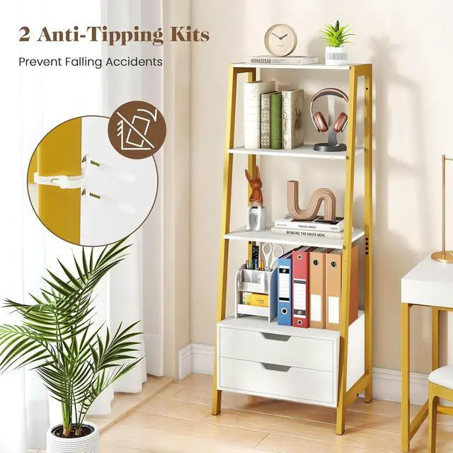 Alt view image 7 of 7 - 4-Tier Ladder Shelf with 2 Drawers, 52.5" Tall Freestanding Bookcase with Sturdy Metal Frame, Shelving Unit Display Rack with Storage for Living Room, Home Office (1,White+Gold)