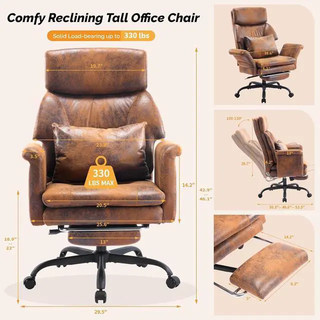 Alt view image 2 of 7 - 100-130° Reclining Tall Office Chair with Foot Rest & Adjustable Armrests, Ergonomic Criss Cross Chair with Wheels & Headrest, Comfy Wide-Seat Gamer Chair for the Heavy, Microfiber, Vintage