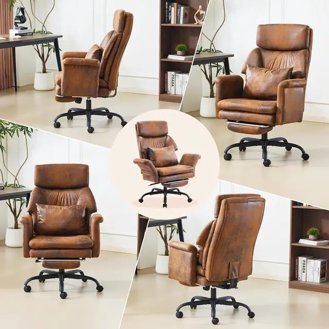 Alt view image 3 of 7 - 100-130° Reclining Tall Office Chair with Foot Rest & Adjustable Armrests, Ergonomic Criss Cross Chair with Wheels & Headrest, Comfy Wide-Seat Gamer Chair for the Heavy, Microfiber, Vintage