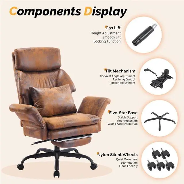 Alt view image 5 of 7 - 100-130° Reclining Tall Office Chair with Foot Rest & Adjustable Armrests, Ergonomic Criss Cross Chair with Wheels & Headrest, Comfy Wide-Seat Gamer Chair for the Heavy, Microfiber, Vintage
