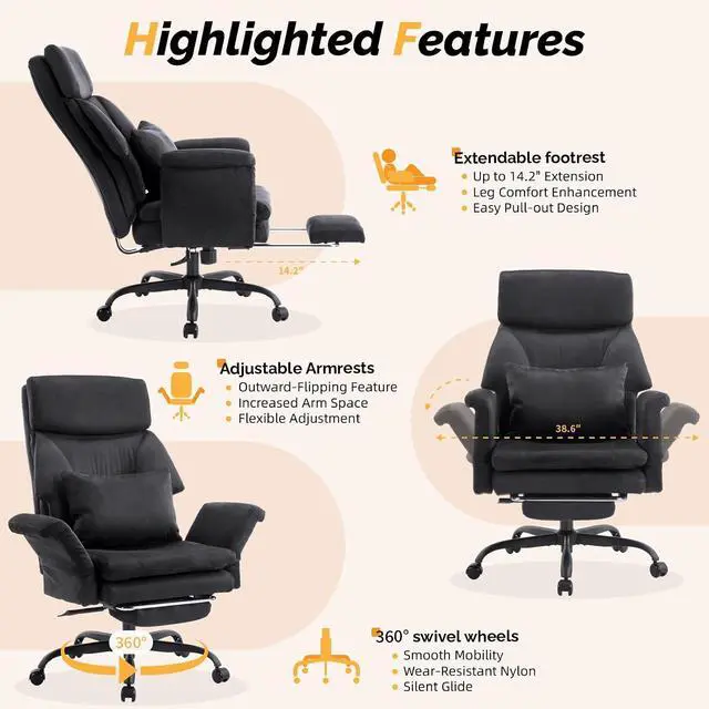 Alt view image 6 of 7 - 100-130° Reclining Tall Office Chair with Foot Rest & Adjustable Armrests, Ergonomic Criss Cross Chair with Wheels & Headrest, Comfy Wide-Seat Gamer Chair for the Heavy, Microfiber, Black