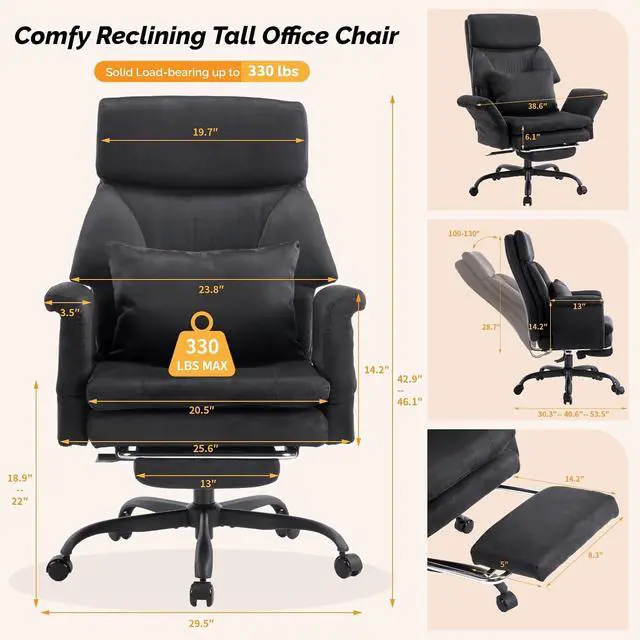 Alt view image 2 of 7 - 100-130° Reclining Tall Office Chair with Foot Rest & Adjustable Armrests, Ergonomic Criss Cross Chair with Wheels & Headrest, Comfy Wide-Seat Gamer Chair for the Heavy, Microfiber, Black