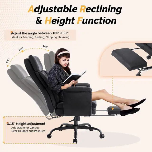 Alt view image 7 of 7 - 100-130° Reclining Tall Office Chair with Foot Rest & Adjustable Armrests, Ergonomic Criss Cross Chair with Wheels & Headrest, Comfy Wide-Seat Gamer Chair for the Heavy, Microfiber, Black