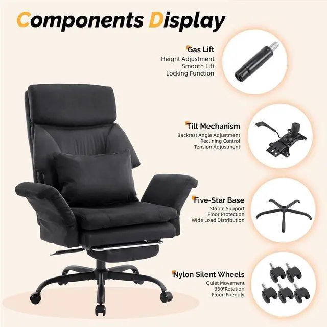 Alt view image 5 of 7 - 100-130° Reclining Tall Office Chair with Foot Rest & Adjustable Armrests, Ergonomic Criss Cross Chair with Wheels & Headrest, Comfy Wide-Seat Gamer Chair for the Heavy, Microfiber, Black