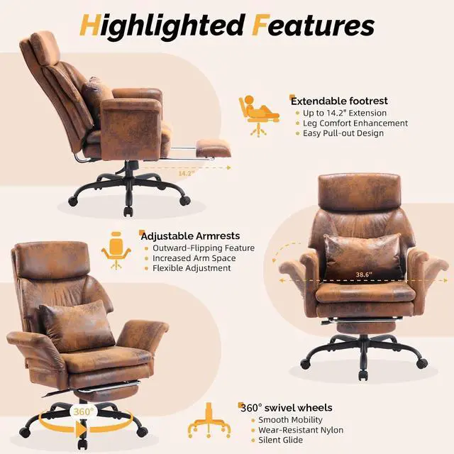 Alt view image 6 of 7 - 100-130° Reclining Tall Office Chair with Foot Rest & Adjustable Armrests, Ergonomic Criss Cross Chair with Wheels & Headrest, Comfy Wide-Seat Gamer Chair for the Heavy, Microfiber, Vintage