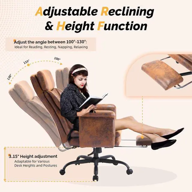 Alt view image 7 of 7 - 100-130° Reclining Tall Office Chair with Foot Rest & Adjustable Armrests, Ergonomic Criss Cross Chair with Wheels & Headrest, Comfy Wide-Seat Gamer Chair for the Heavy, Microfiber, Vintage