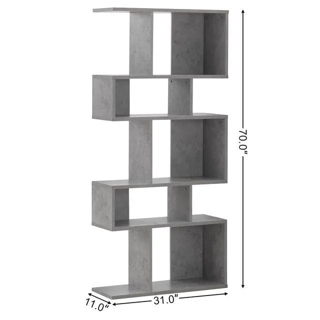 Alt view image 3 of 12 - 5-Tier Geometric Bookshelf Set of 2, 70'' Tall Wood Freestanding Decorative Display Open Shelves with Anti-Tipping Device, Each Shelf Holds up to 44 lbs, Wooden S Shaped Bookcase, Gray