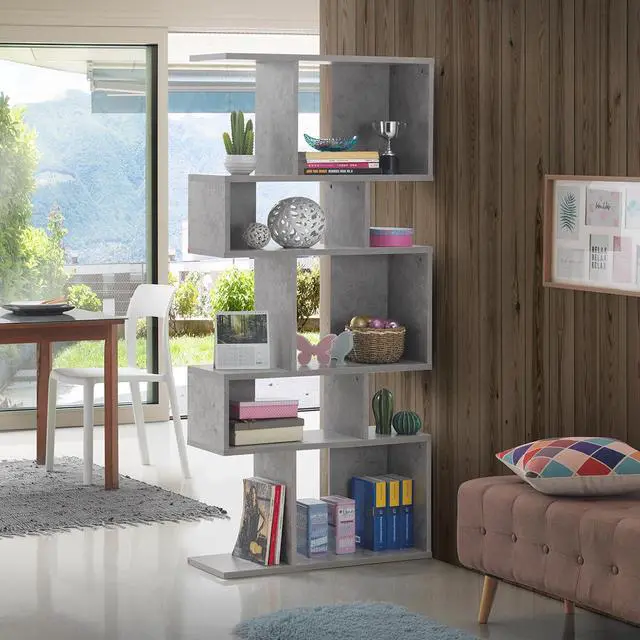 Alt view image 4 of 12 - 5-Tier Geometric Bookshelf Set of 2, 70'' Tall Wood Freestanding Decorative Display Open Shelves with Anti-Tipping Device, Each Shelf Holds up to 44 lbs, Wooden S Shaped Bookcase, Gray
