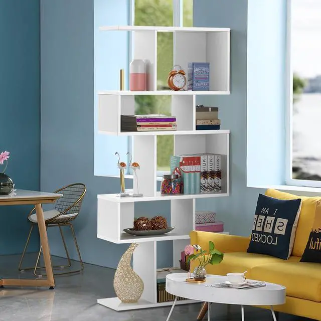 Alt view image 2 of 12 - 5-Tier Geometric Bookshelf White, 70'' Tall Wood Freestanding Decorative Display Open Shelves with Anti-Tipping Device, Each Shelf Holds up to 44 lbs, Wooden S Shaped Bookcase