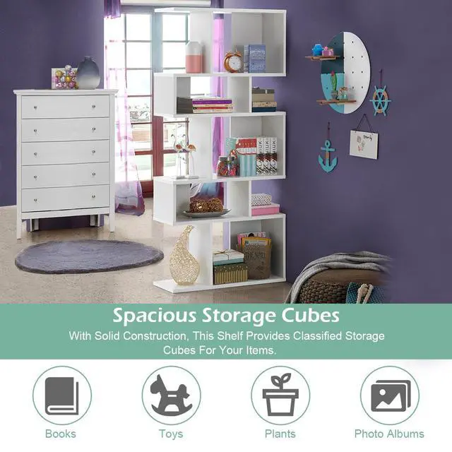 Alt view image 4 of 12 - 5-Tier Geometric Bookshelf White, 70'' Tall Wood Freestanding Decorative Display Open Shelves with Anti-Tipping Device, Each Shelf Holds up to 44 lbs, Wooden S Shaped Bookcase
