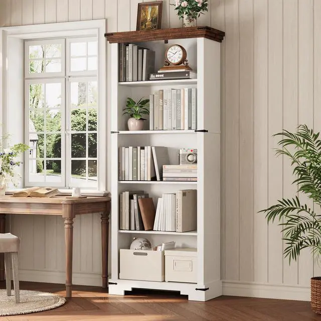 Main image of 5-Tier Farmhouse Bookshelf, 61.1 inch Tall Bookcase with Storage & Unique Design & One Adjustable Shelf, Wooden Bookshelf for Study Room, Living Room, Home Office, Bedroom (White)