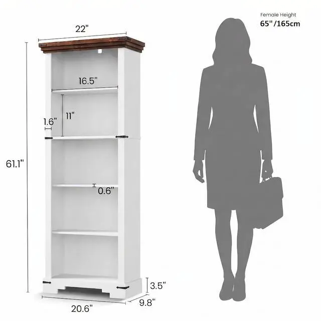 Alt view image 2 of 12 - 5-Tier Farmhouse Bookshelf, 61.1 inch Tall Bookcase with Storage & Unique Design & One Adjustable Shelf, Wooden Bookshelf for Study Room, Living Room, Home Office, Bedroom (White)