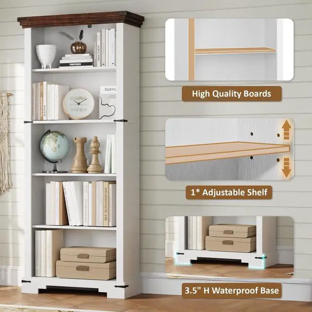 Alt view image 3 of 12 - 5-Tier Farmhouse Bookshelf, 61.1 inch Tall Bookcase with Storage & Unique Design & One Adjustable Shelf, Wooden Bookshelf for Study Room, Living Room, Home Office, Bedroom (White)