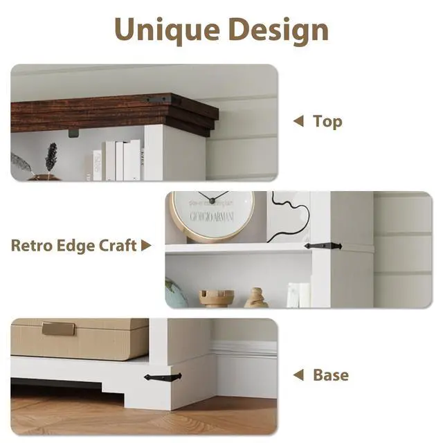 Alt view image 4 of 12 - 5-Tier Farmhouse Bookshelf, 61.1 inch Tall Bookcase with Storage & Unique Design & One Adjustable Shelf, Wooden Bookshelf for Study Room, Living Room, Home Office, Bedroom (White)