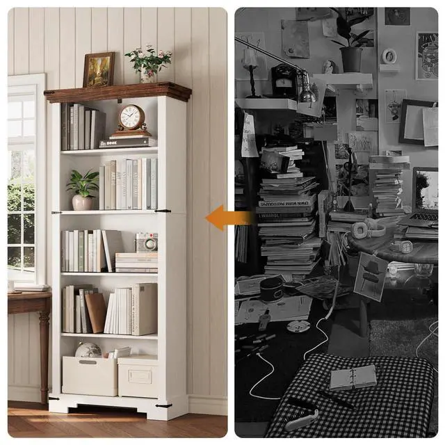 Alt view image 5 of 12 - 5-Tier Farmhouse Bookshelf, 61.1 inch Tall Bookcase with Storage & Unique Design & One Adjustable Shelf, Wooden Bookshelf for Study Room, Living Room, Home Office, Bedroom (White)