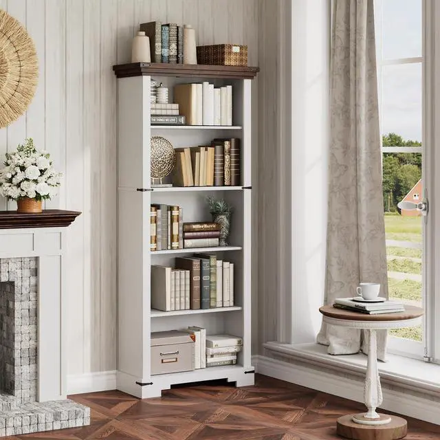 Alt view image 6 of 12 - 5-Tier Farmhouse Bookshelf, 61.1 inch Tall Bookcase with Storage & Unique Design & One Adjustable Shelf, Wooden Bookshelf for Study Room, Living Room, Home Office, Bedroom (White)