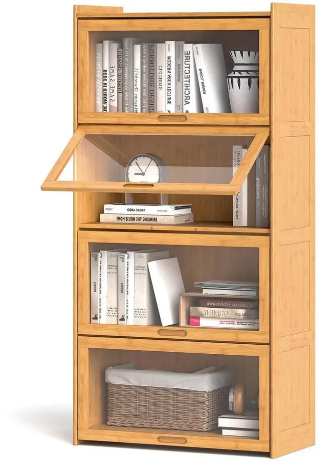Main image of 4-Tier Bookcase with Clear Doors, 55" Bamboo Bookshelf with Flip-up Acrylic Doors, Freestanding Cube Storage Organizer with Shelves, Solid Wooden Display Cabinet for Living Room, Study,Natural
