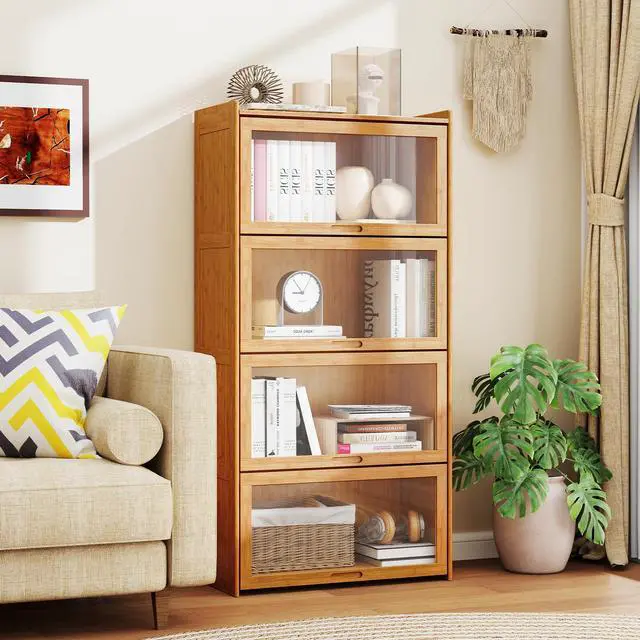 Alt view image 2 of 6 - 4-Tier Bookcase with Clear Doors, 55" Bamboo Bookshelf with Flip-up Acrylic Doors, Freestanding Cube Storage Organizer with Shelves, Solid Wooden Display Cabinet for Living Room, Study,Natural