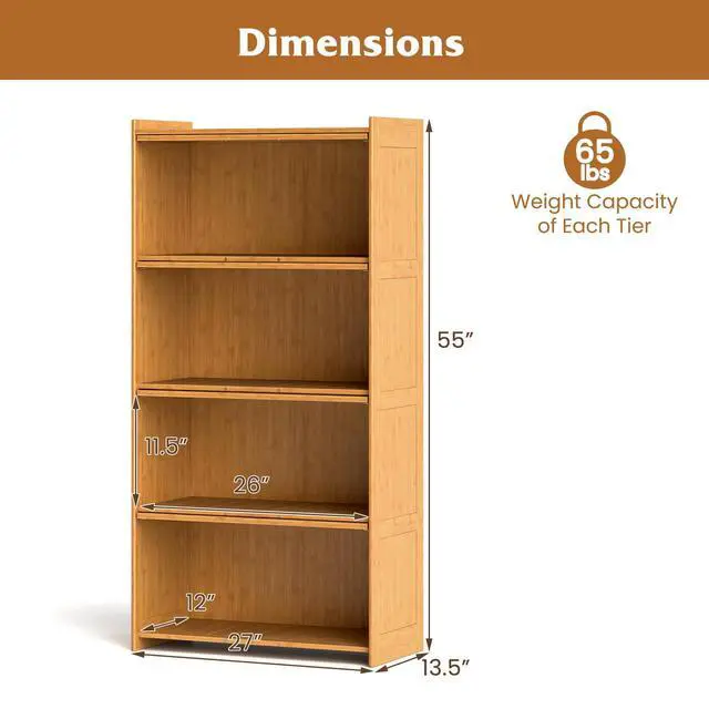 Alt view image 3 of 6 - 4-Tier Bookcase with Clear Doors, 55" Bamboo Bookshelf with Flip-up Acrylic Doors, Freestanding Cube Storage Organizer with Shelves, Solid Wooden Display Cabinet for Living Room, Study,Natural