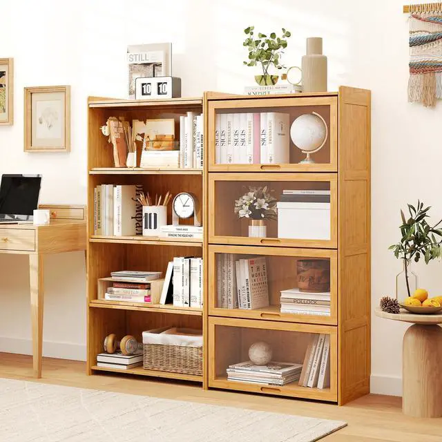 Alt view image 4 of 6 - 4-Tier Bookcase with Clear Doors, 55" Bamboo Bookshelf with Flip-up Acrylic Doors, Freestanding Cube Storage Organizer with Shelves, Solid Wooden Display Cabinet for Living Room, Study,Natural