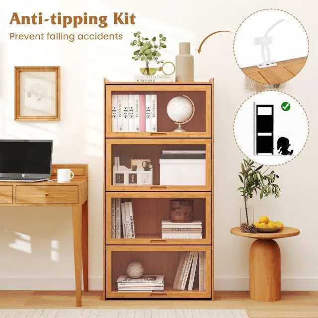 Alt view image 5 of 6 - 4-Tier Bookcase with Clear Doors, 55" Bamboo Bookshelf with Flip-up Acrylic Doors, Freestanding Cube Storage Organizer with Shelves, Solid Wooden Display Cabinet for Living Room, Study,Natural