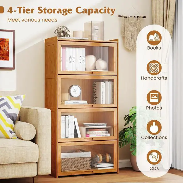 Alt view image 6 of 6 - 4-Tier Bookcase with Clear Doors, 55" Bamboo Bookshelf with Flip-up Acrylic Doors, Freestanding Cube Storage Organizer with Shelves, Solid Wooden Display Cabinet for Living Room, Study,Natural