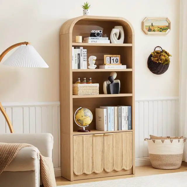 Main image of 70" Tall Arched Bookshelf with Storage Cabinet, Modern 4-Tier Wood Bookcase with Scalloped Doors & Gold Handles, Open Display Shelves for Living Room, Bedroom, or Home Study Office (Natural)