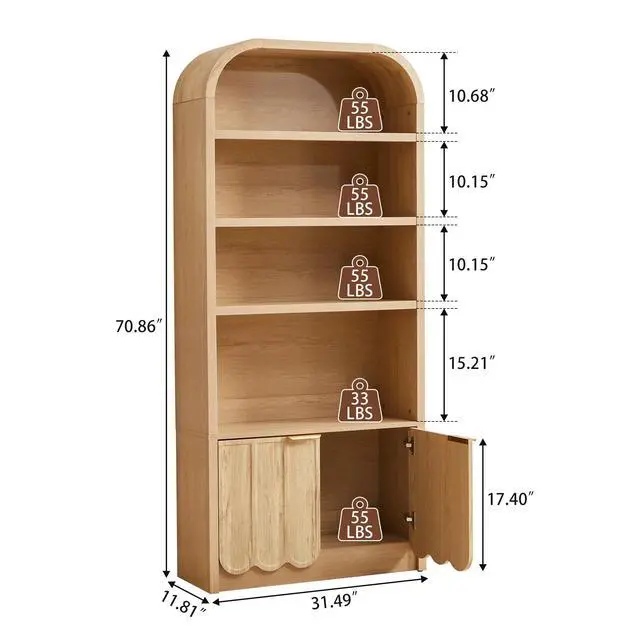 Alt view image 2 of 6 - 70" Tall Arched Bookshelf with Storage Cabinet, Modern 4-Tier Wood Bookcase with Scalloped Doors & Gold Handles, Open Display Shelves for Living Room, Bedroom, or Home Study Office (Natural)