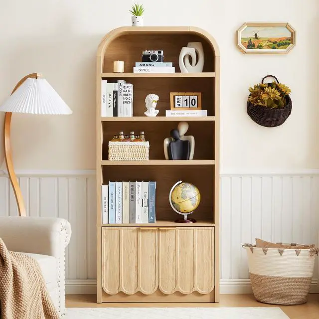 Alt view image 3 of 6 - 70" Tall Arched Bookshelf with Storage Cabinet, Modern 4-Tier Wood Bookcase with Scalloped Doors & Gold Handles, Open Display Shelves for Living Room, Bedroom, or Home Study Office (Natural)