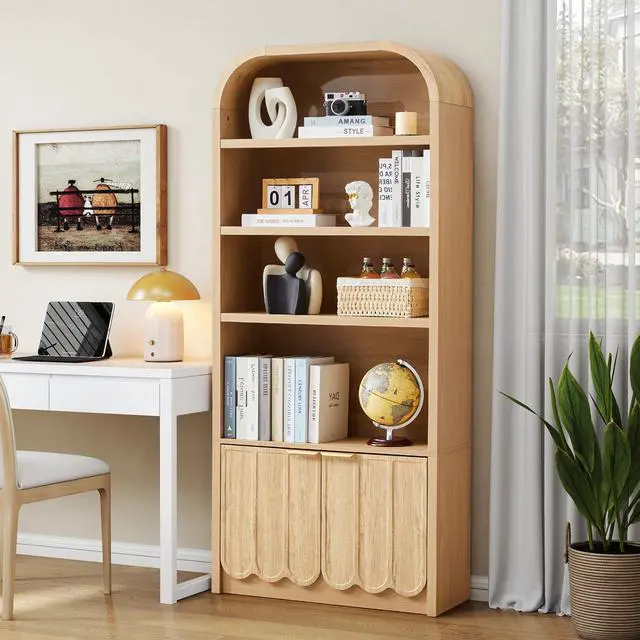 Alt view image 4 of 6 - 70" Tall Arched Bookshelf with Storage Cabinet, Modern 4-Tier Wood Bookcase with Scalloped Doors & Gold Handles, Open Display Shelves for Living Room, Bedroom, or Home Study Office (Natural)